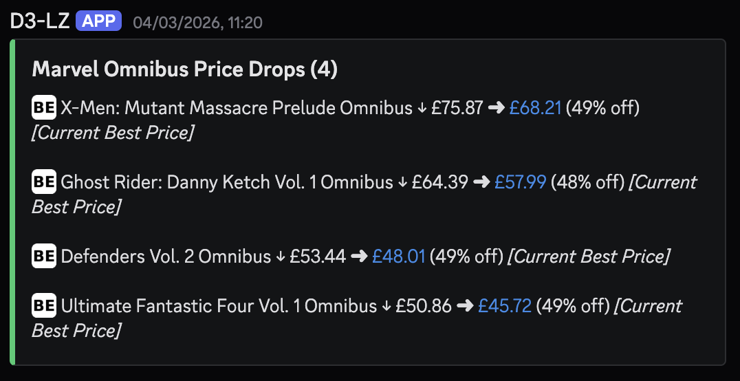 D3-LZ alert in Discord showing 4 Marvel Omnibus price drops at up to 49% off on BooksEtc