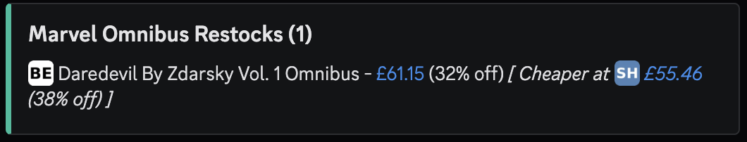 D3-LZ alert showing a BooksEtc Marvel Omnibus restock with a Cheaper at SpeedyHen cross-retailer recommendation