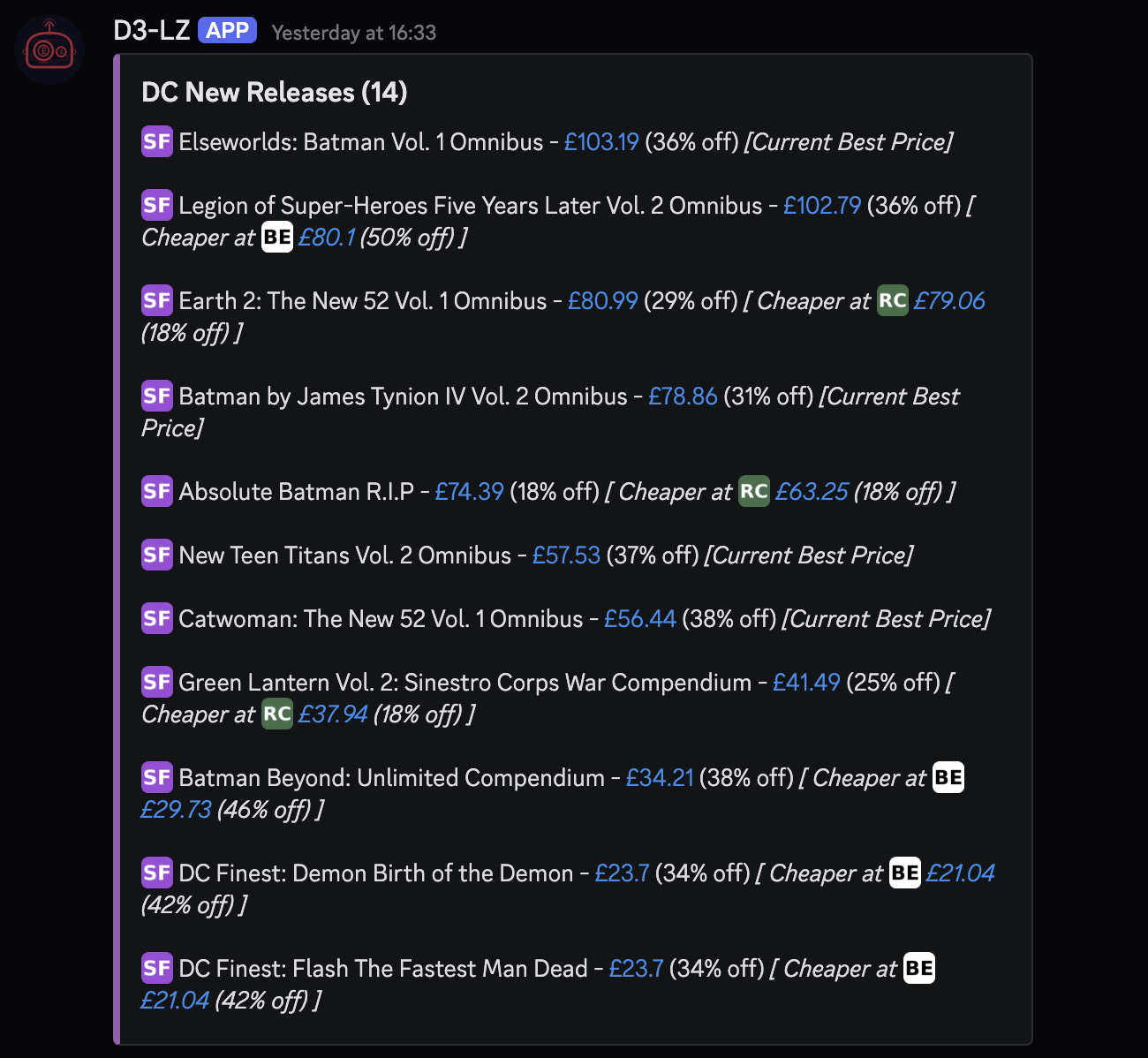 D3-LZ new releases alert showing 6 DC titles with cross-retailer price comparison across all 4 UK retailers