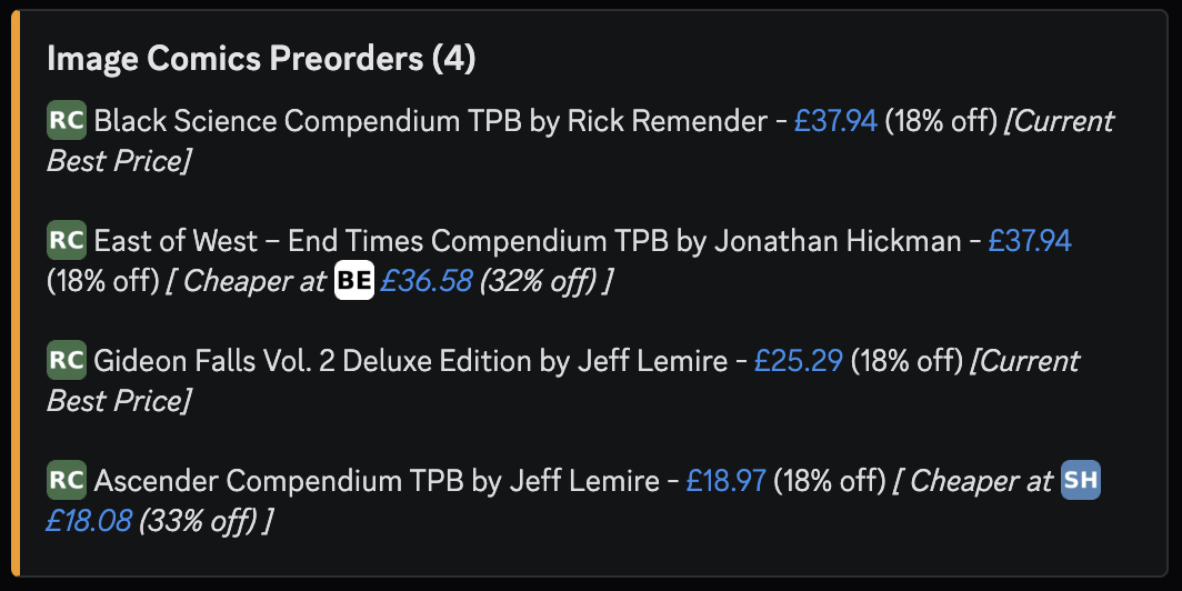 D3-LZ alert showing Image Comics preorders from Reed Comics with cross-retailer Cheaper at recommendations