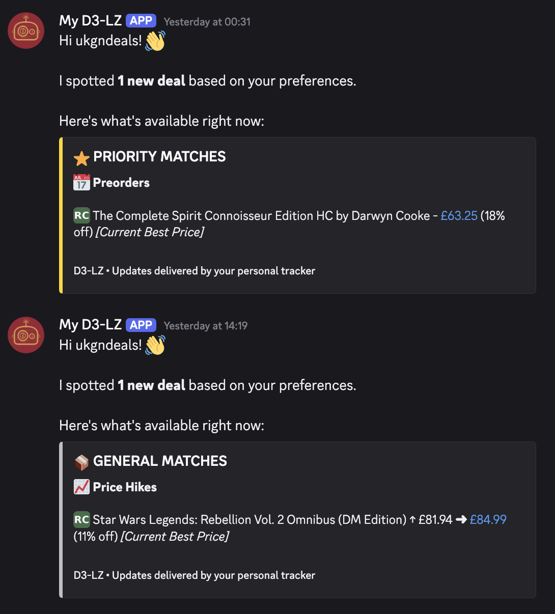 My D3-LZ personal bot DMs showing Priority Matches (preorder) and General Matches (price hike) with personalised filters applied
