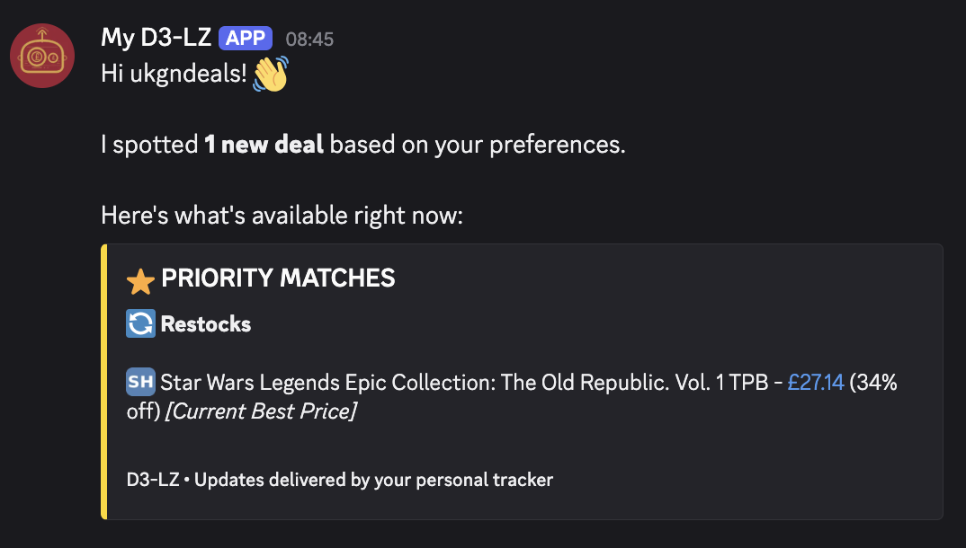 My D3-LZ personalised Discord DM showing a priority restock match based on subscriber preferences